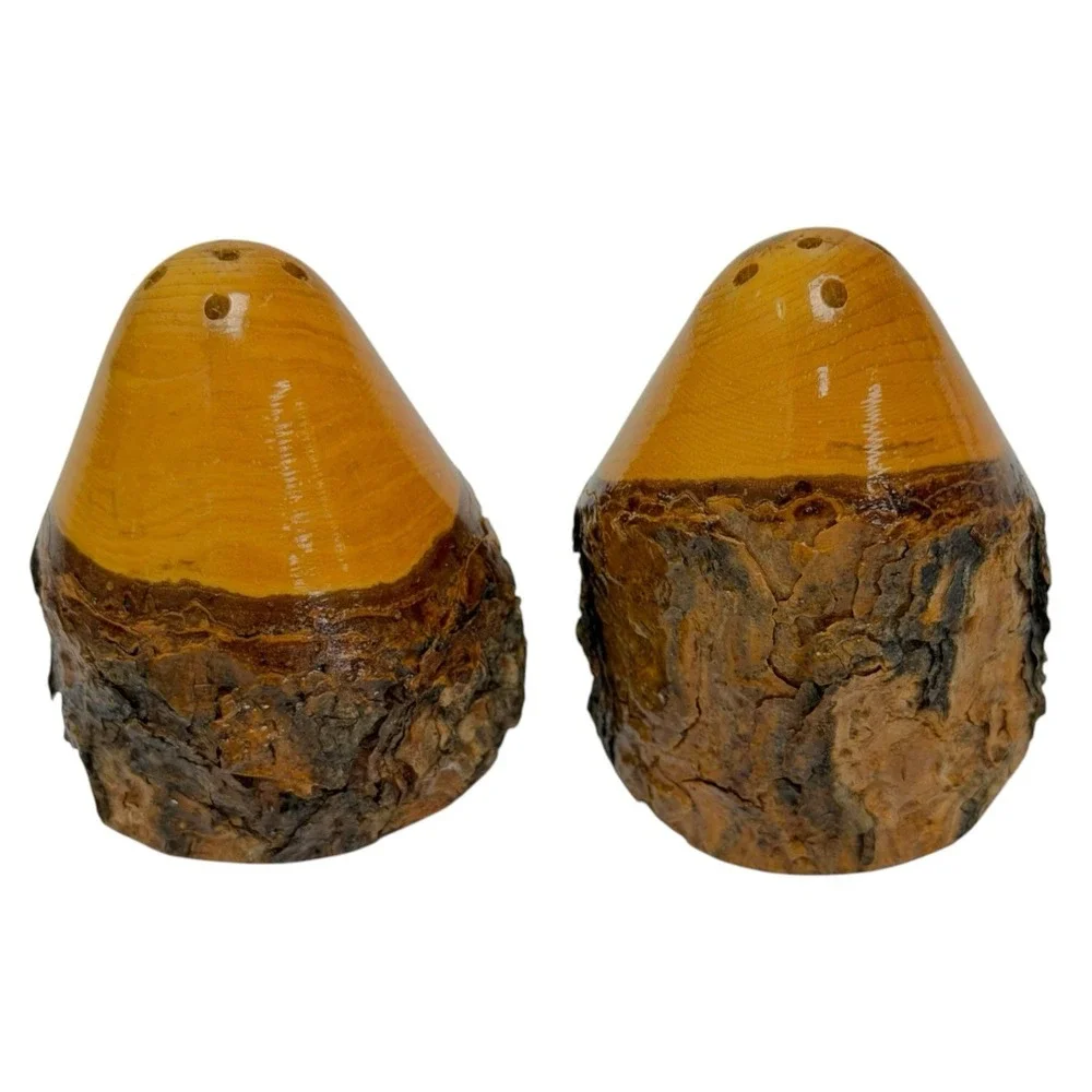 Vtg 1970s Wood Salt & Pepper Shaker W/ Base Souvenir Lake George NY Rustic